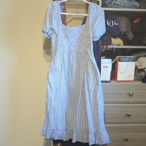 Blue Striped Puff Sleeve Dress